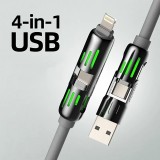 Câble USB 4-en-1 charge rapide 30W | USB-C vers USB silicone anti-nœuds LED RVB compatibilité multi-appareils et durable (2 m) - Gris